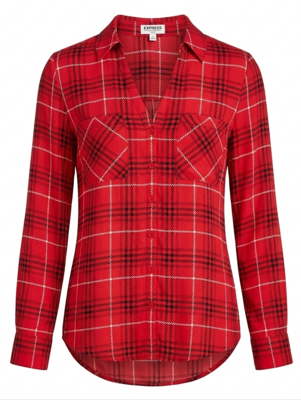Express Portofino Shirt Medium Red Plaid Blouse Work Office Chic Top